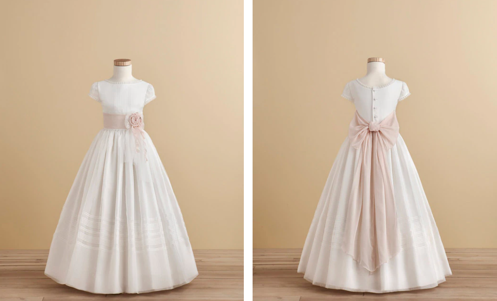 Vestido de estilo clásico con fajín rosa empolvado