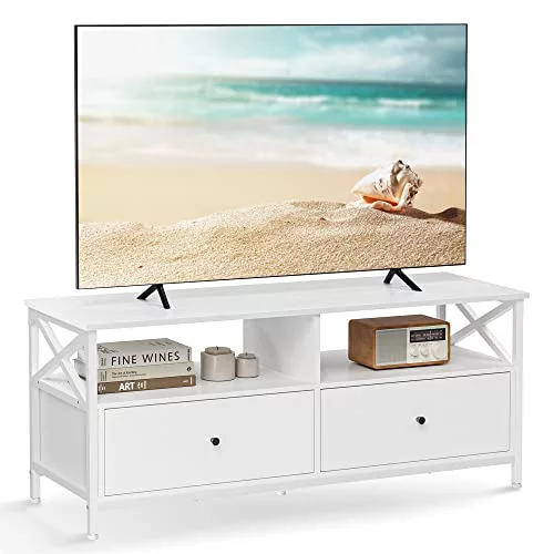 VASAGLE Mueble de TV, Mesa de TV de hasta 55 Pulgadas, Largo de 120 cm, con 2 Cajones y 2 Estantes Abiertos, 40 x 120 x 50 cm, para Salón, Dormitorio, Marco de Acero, Blanco LTV300B46