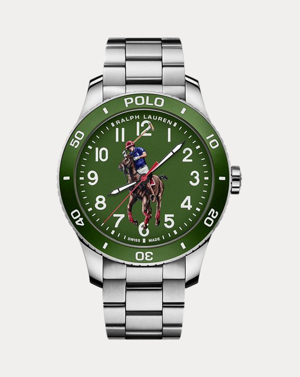 Esfera: verde; lacada; mate, con jugador de polo multicolor estampado en 3D. Numeración árabe, minutero y logotipo "Ralph Lauren": blanco; estampado.
