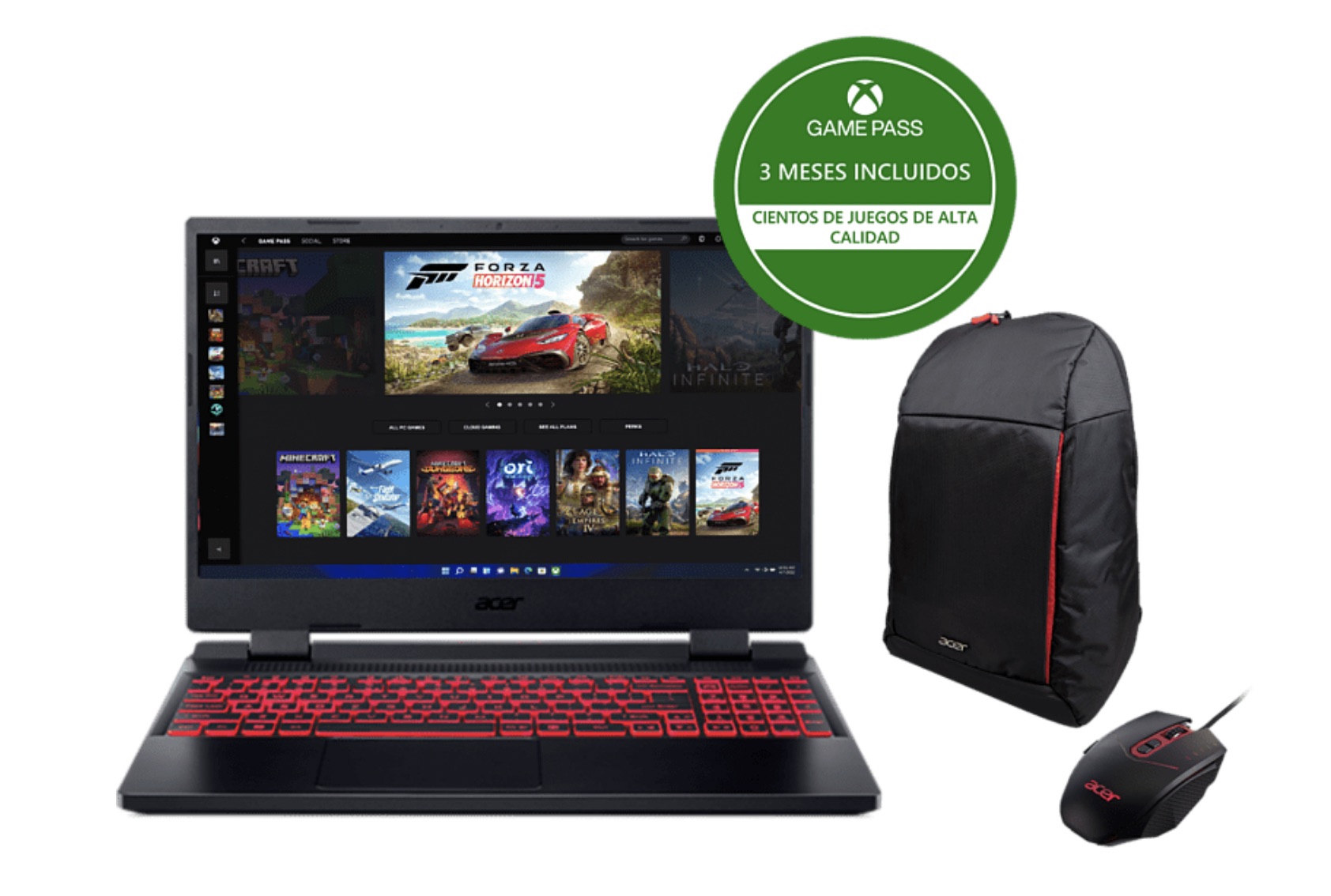 Portátil gaming - Acer AN515-58,15.6" Full HD, Intel® Core™ i5-12500H, 16GB RAM, 1TB SSD, NVIDIA® GeForce RTX™ 3060, W11H, Mochila + Ratón gaming + Game Pass