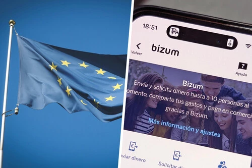 Composición con foto de la bandera de la Unión Europea y de Bizum