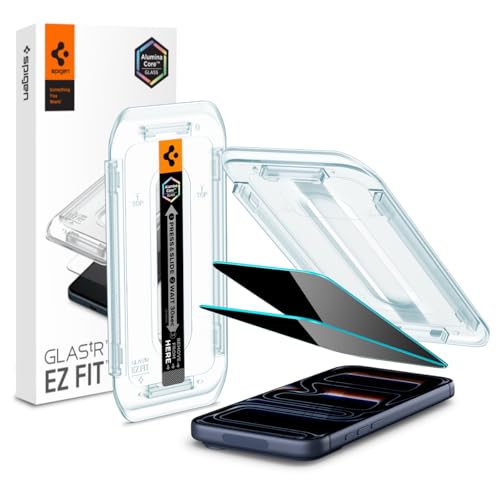 Spigen Glas.tR EZ Fit Filtro Privacidad Protector Pantalla para iPhone 17, iPhone 17 Pro, iPhone 16 Pro, 2 Unidades, Antiespía, Instalación Fácil, Compatible con Funda, Dureza 9H