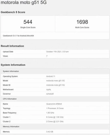 Motorola Moto G51 5g ギークベンチ
