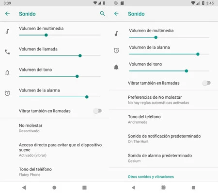 Android P Beta 3 (左) と Android Oreo 8.1 (右) のオーディオ オプション
