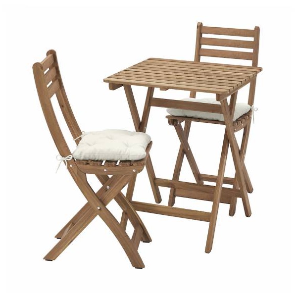 ASKHOLMEN Mesa con 2 sillas plegables ext, marrón oscuro/Kuddarna beige grisáceo