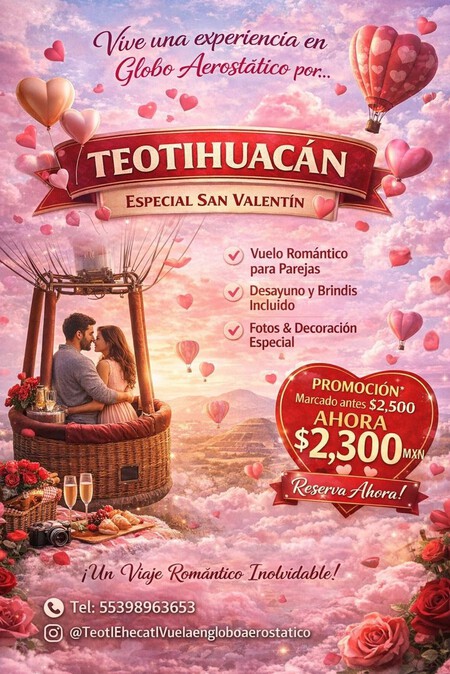 Cuánto cuesta volar en globo aerostático en Teotihuacán para una cita romántica este 14 de febrero