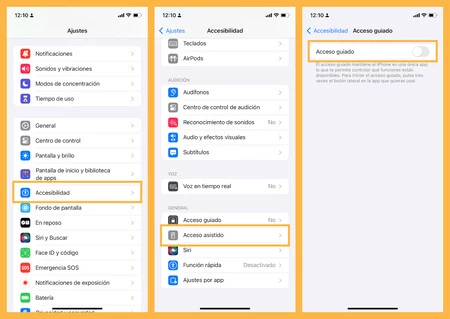 Capturas de pantalla de la opción de Acceso guiado en iOS