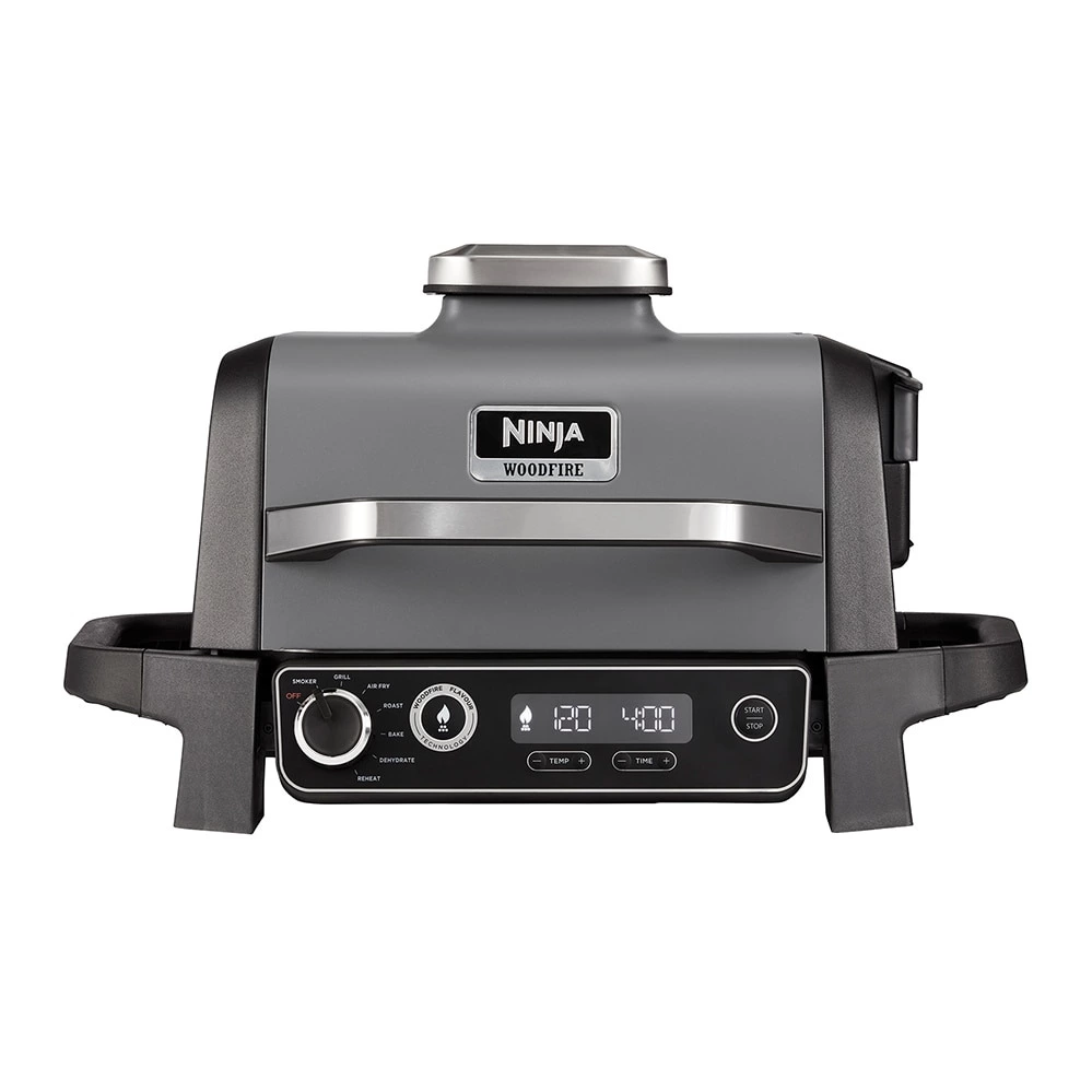 Ninja Woodfire Parrilla eléctrica de exterior y freídora de aire, 7 en 1, Air Fry, Smoke, Roast, Bake y otras funciones, resistente a la intemperie, antiadherente, portátil
