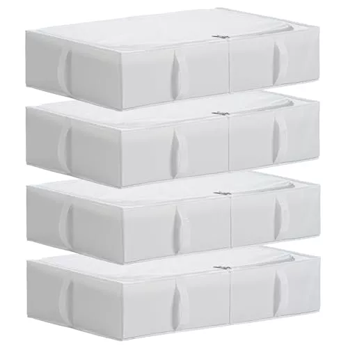 TYEERS Caja de Almacenaje Bajo la Cama con Tapa, Tela Duradera, Lavable, Plegable, Organizador Armario para Ropa, Mantas, Sábanas, Zapatos, 70x42x18 cm, Paquete de 4, Blanco
