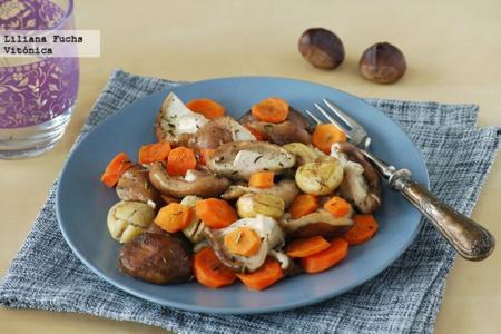 Salteado de setas con zanahorias y castañas. Receta saludable