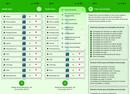 Sincronización configurada y opciones de uso de Health Sync
