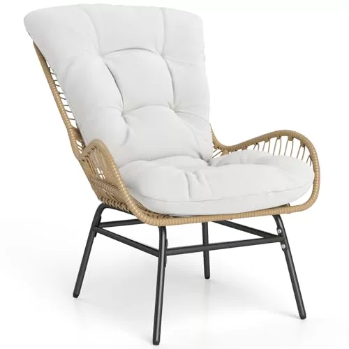 COSTWAY Sillon de Ratan con Cojin, Marco Metálico, Sillones para el Salón, Butaca Dormitorio Jardin Terraza Interior Exterior, 84 x 68 x 87 cm, Carga 180kg, Natural (1)