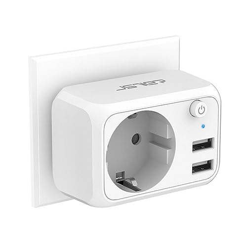 Ladron Enchufe USB 4000W, JSVER Cargador USB de 2 Puertos con 1 Toma de CA, Enchufe Multiple Pared con Interruptor para Móvil, Tableta, Adecuedo para Hogar, Cocina y Oficina-Blanco