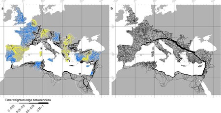 À esquerda, você vê a importância das vias dentro das províncias contornadas em branco. À direita, destaca-se a relevância do grande corredor principal como rota de transporte pelo Império. (Fonte da imagem: Nature, Network science reveals the structure and lasting impact of the Roman road system)