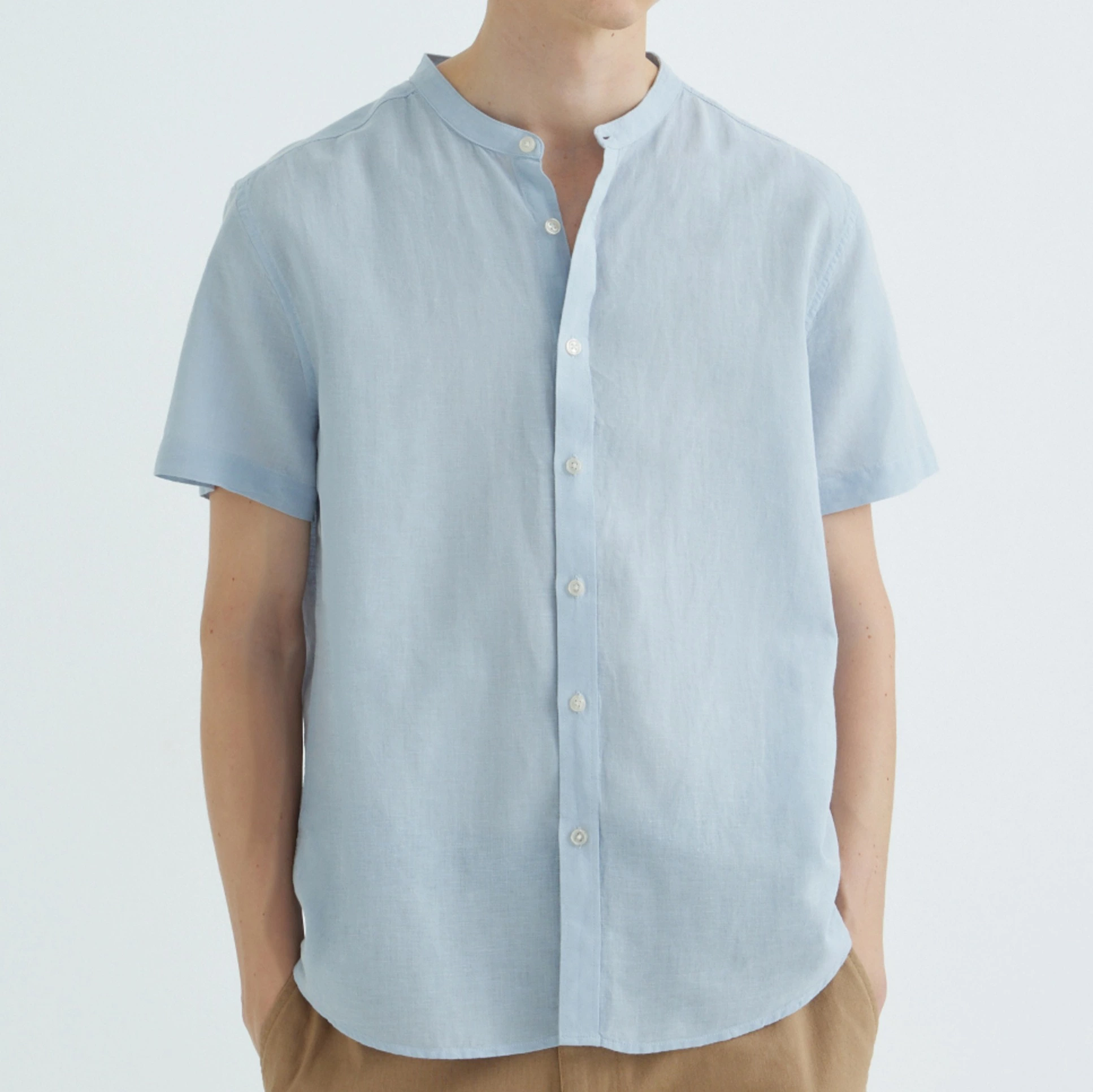 Camisa manga corta hombre cuello mao algodón lino
