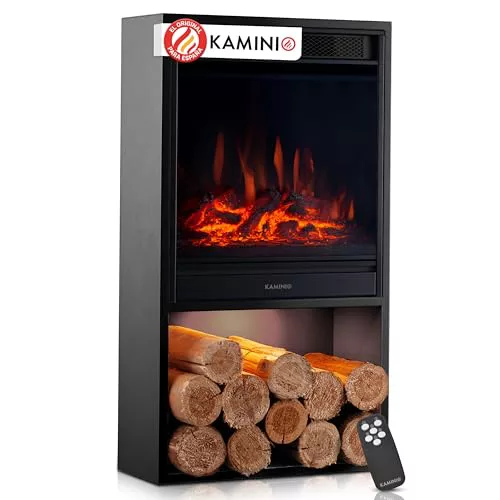 KAMINIO Chimenea eléctrica Hugo - Estufa de Chimenea con calefacción, Efecto Llama 3D, Luz Ambiental LED, Compartimento de Madera, Control Remoto (Negro)