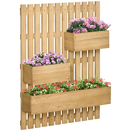 Outsunny Jardinera de Pared con Enrejado Jardinera Vertical de Madera con 3 Macetas 