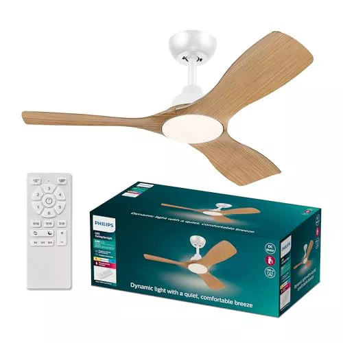 Ventilador de techo Philips Olas, 3 aspas 42´, luz LED de 24W, motor DC, rango de temperatura de color (3000K-4300K-6500K) , modo verano/invierno, control remoto incluido, con seguridad IEC 60598