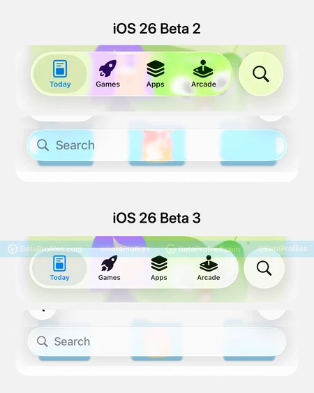 Barra de la App Store en iOS 26 beta 2 vs beta 3
