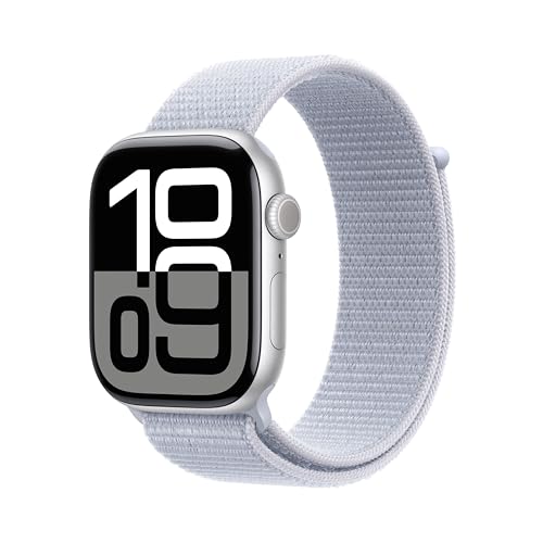 Apple Watch Series 10 GPS Smartwatch con Caja de Aluminio Plata de 46 mm y Correa Loop Deportiva Azul Nube - Talla única. Monitor de entreno, App ECG y Neutro en Carbono