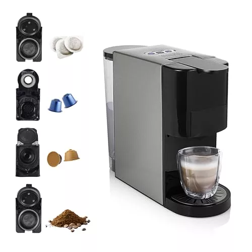Princess 01.249450.01.001 Caffettiera Multifunzione, Compatibile con capsule Nespresso,Dolce Gusto,cialde ESE e caffè macinato, 19 bar, Nero e argento, 800 ml