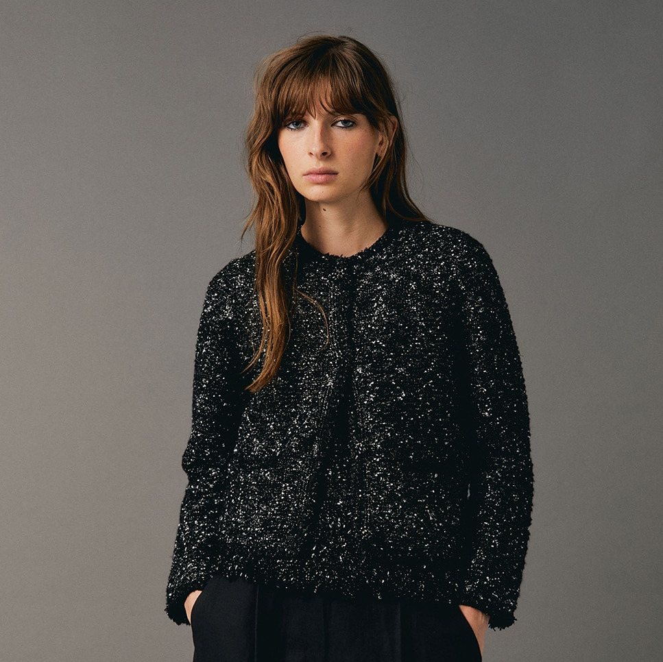 Chaqueta tweed trimming brillo - Sfera - Negro