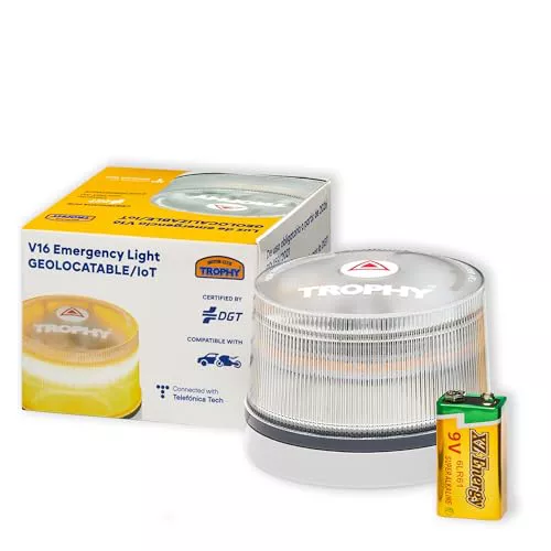 Baliza V16 homologada DGT. Luz Emergencia coche homologado DGT. Conectada con la DGT 3.0 con SIM y Plan de Datos Pagados hasta 2038, Clasificación IP54, batería larga duración 9V y base imantada.