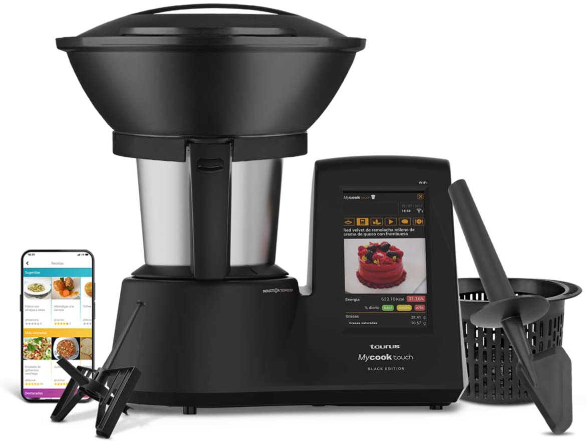 Taurus Mycook Touch Black Edition - Robot de Cocina con wifi, 1600W, 2L, hasta 140º, multifunción, miles de recetas gratuitas e ilimitadas, app mycook, conectividad con tu smartphone, Vaporera, Negro