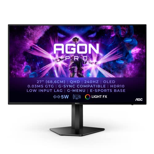 AOC Agon Pro AG276QZD - Monitor QHD de 27" para Juegos. OLED, 240Hz, 0.03ms, G-Sync, HDR10, Light FX, diseño de Soporte E-Sports, USB Hub (2560 x 1440 240Hz, HDR10, HDMI 2.0 / DP 1.4 / USB 3.2)