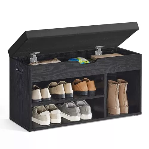 VASAGLE Banco Zapatero con Cojín, Banco de Almacenamiento, 3 Compartimentos, Almacenamiento Oculto, Estantes, para Sala de Estar, Pasillo, Dormitorio, Carga 136 kg, Negro Ébano LHS030B03