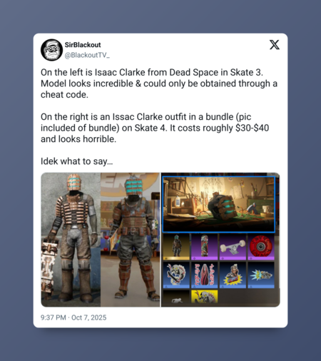 La comunidad critica a EA por una monetización agresiva y abusiva con su último juego lanzado. Un cosmético de Dead Space en Skate desata críticas por su precio