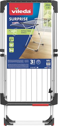 Vileda Surprise Tendedero Extensible de acero y aluminio, espacio de tendido de 11 hasta 20 metros, soporte para artículos pequeños, medidas abierto 110-187 x 61 x 94 cm, color blanco