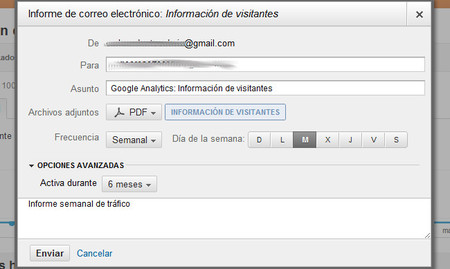 Google Analytics permite exportar los informes que genera en PDF y programar su envío por correo electrónico