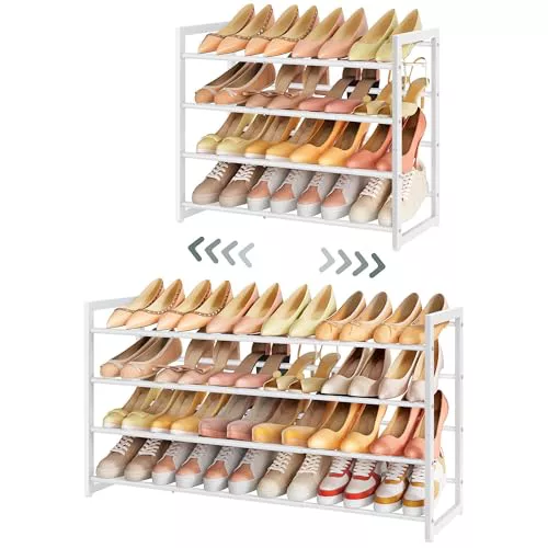 FAVOOSTY Zapatero Extensible, Zapatero de Metal de 4 Niveles, Organizador de Zapatos Ajustable, Zapatos para Pasillo,Armario,Puerta, Dormitorio,Fácil Montaje, Blanco
