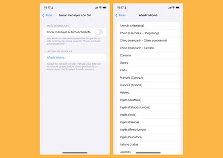 Sección de los ajustes de iOS donde se configura la lectura de mensajes por Siri en distintos idiomas