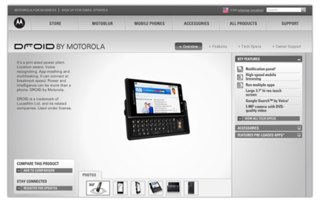 Motorola Droid aparece en el sitio oficial