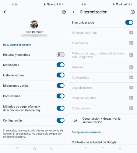 新しいシステム (左) と現在のシステム (右) との同期オプション。