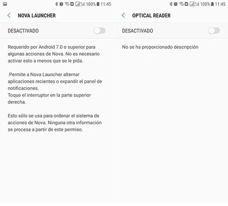 アクセシビリティ権限が必要な理由を説明するアプリ (左) と、必要のないアプリ (右)