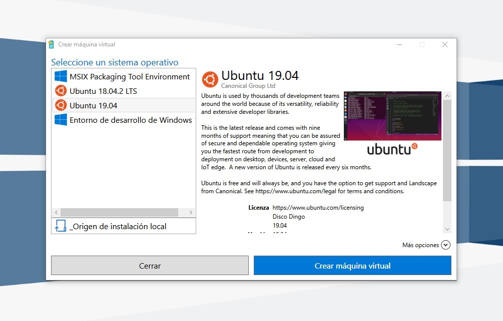 Versiones de Ubuntu disponibles en Hyper-V de Windows