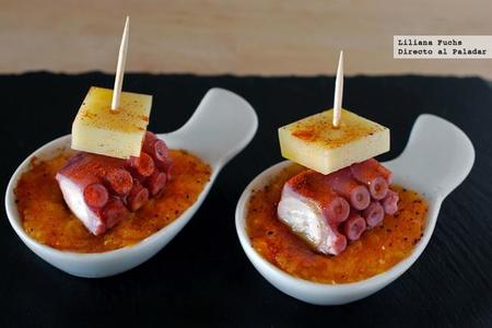 Pincho de pulpo y queso San Simón con calabaza. Receta de aperitivo