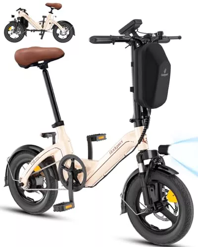 Bodywel T16PRO Bicicleta Eléctrica Plegable, 14" Portable E-Bike, City EBike con 4.5 Pulgadas Pantalla LED, Batería 36V/7.8Ah, Frenos de Doble Disco y Suspensión Delantera (Almendra)