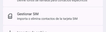 Gestor de contactos en la SIM de la app Contactos