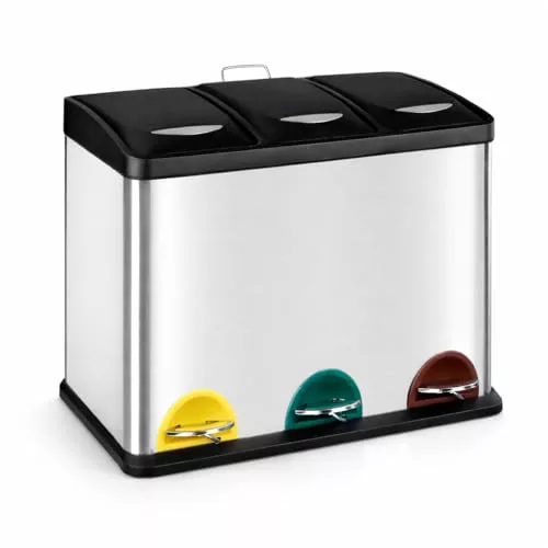 T-LOVENDO.ES Cubo basura o reciclaje 3 de compartimentos Grande | 3 X 8L Total 24 Litros | Contenedores de reciclaje separados por color | Papeleras con pedal | Acero | Gran capacidad