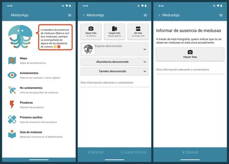 MedusApp のクラゲ目撃または不在報告機能のスクリーンショット
