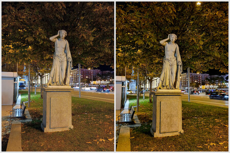 Comparación de dos fotos de la misma estatua, la primera en el modo normal y la segunda usando el modo de 'Visión nocturna' del Motorola Moto G55 5G