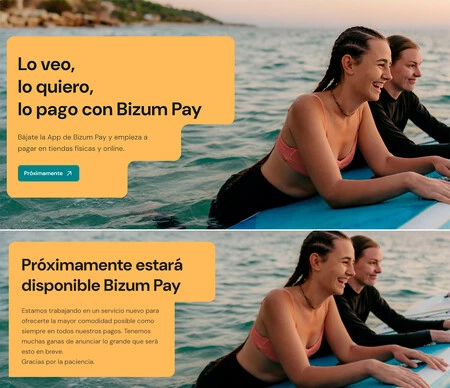 Imagen promocional en la página de Bizum Pay. Arriba, 18 de mayo; abajo, hoy 2 de junio