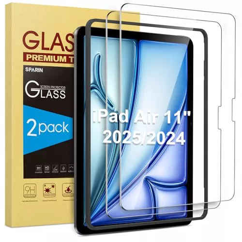 SPARIN Protector de Pantalla para iPad Air 11 Pulgadas 2025 M3 / 2024 M2, Dureza 9H HD Vidrio Templado Película Protectora, con Marco de Instalación Fácil, 2 Piezas