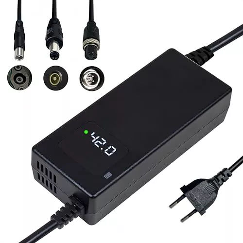 Cargador rápido de 42V para batería de Litio de 36V, con Pantalla LED y múltiples Funciones de protección y reparación, certificación CE, Equipado con Conectores (RCA 8 mm, DC 5,5 * 2,1 mm, GX12 9mm)