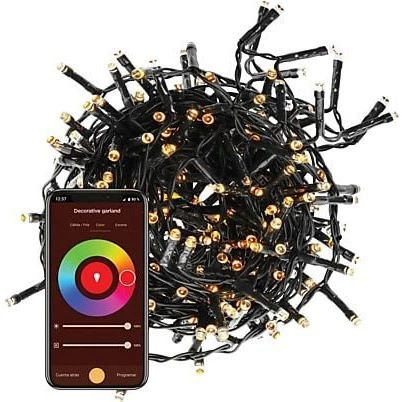Luces LED - muvit iO MIOGAR002, Guirnalda decorativa WiFi RGB+CCT, 20m/200 led (+2m de cable power line), Negro