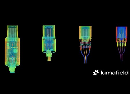 Comparação de diferentes cabos USB-C, com o cabo da Apple à esquerda. Imagem de Lumafield.